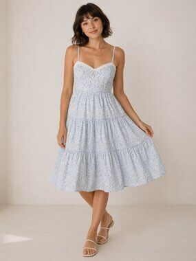 Row A Tiered Floral Midi Dress Cottagecore Romantic Sundress Blue White Smocked